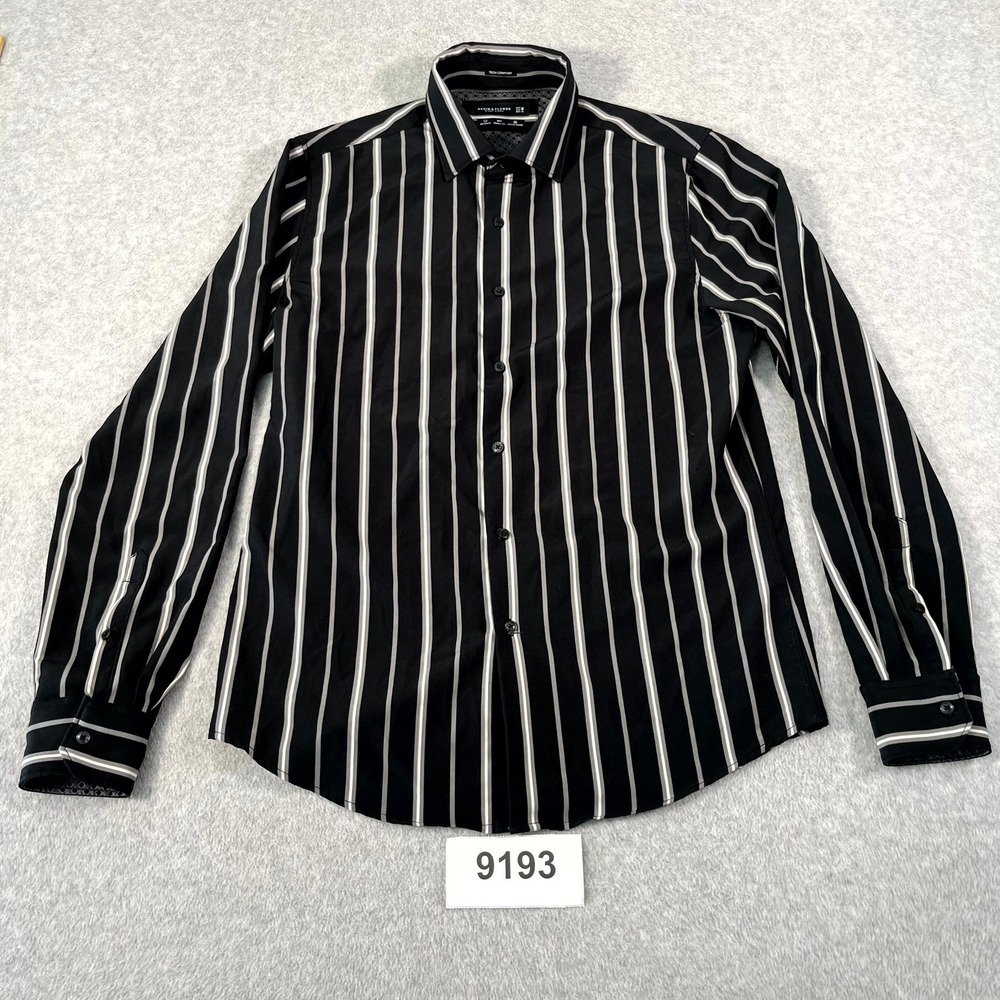 Denim & Flower Tech Comfort Shirt Mens Medium Black White Striped Button Up